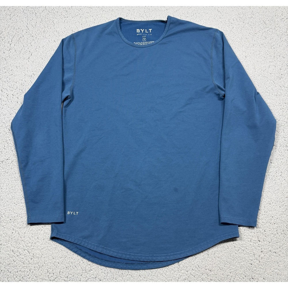 BYLT Drop Cut‎ LUX Shirt Mens Medium Blue Long Sleeve Tagless Curved Hem Tee
